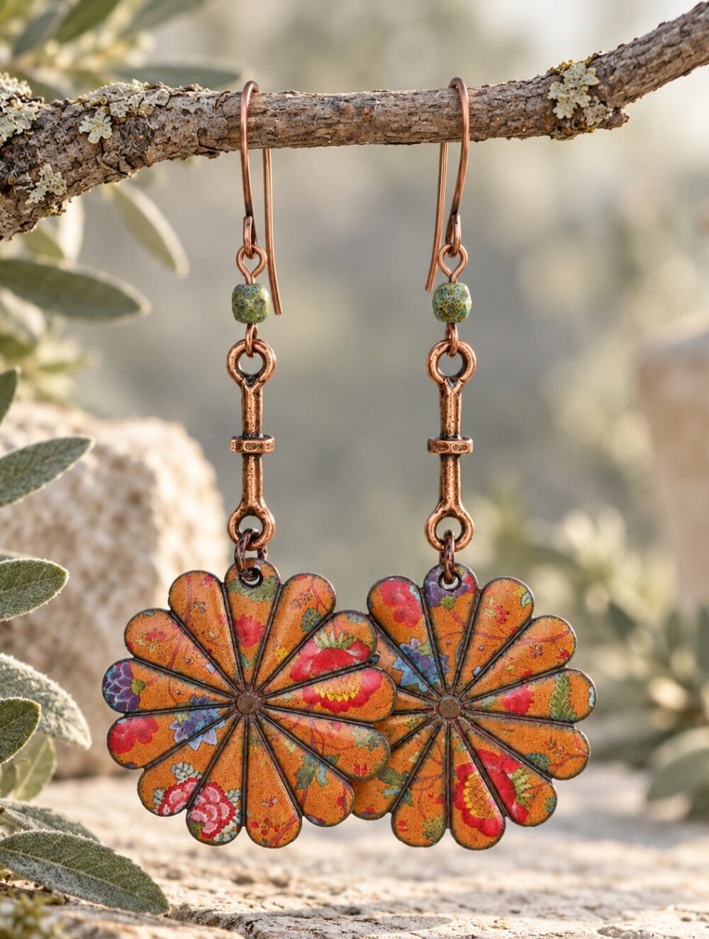 Burnt Orange Floral Earrings Antiqued Copper Green Glass Hand Crafted